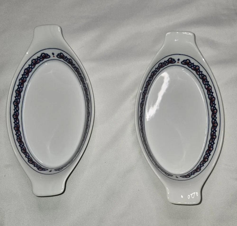 Vintage Manor House Porcelain Oval Handled Serving Dishes Blue Red Set of 2